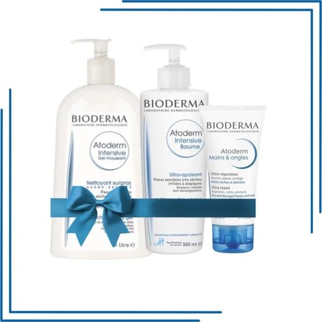 BIODERMA ATODERM INTENSIVE csomag (INTENSIVE BALZSAM 500ML+GÉL MOUSSANT 1000ML+ KÉZ- ÉS KÖRÖMÁPOLÓ KRÉM 50ML)
