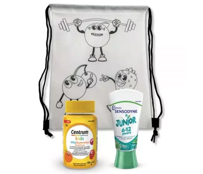 Gym Bag+Sensodyne+Centrum Junior gumivitamin 6-12 60 db