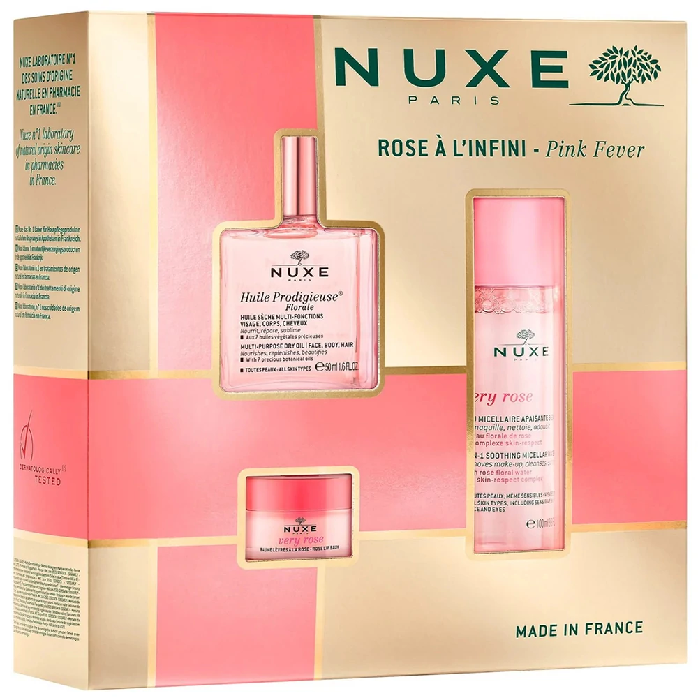 NUXE IKONIKUS FLORALE SZETT (Huile Prodigieuse Floral + Very Rose Ajakbalzsam + Very Rose Micellás víz)